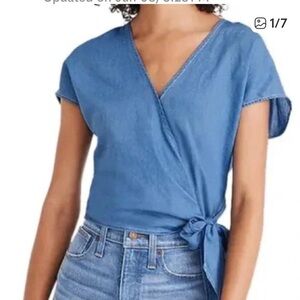 Madewell Chambray Wrap Top with Side Tie Detail- M chambray blue , cotton